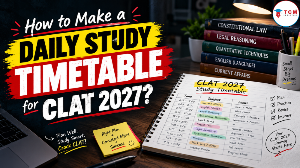 Daily study timetable for CLAT 2027 preparation with subject-wise study sessions, mock tests, and revision.